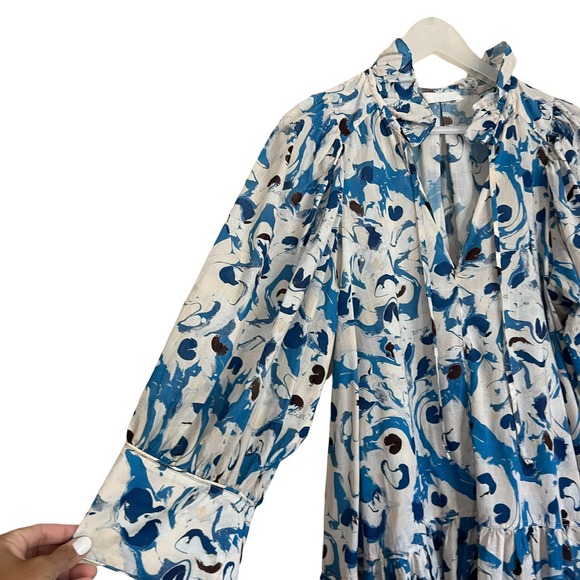 H&M Conscious Smock Dress with Puffed Sleeves Blue Watercolor Size Small - Picture 6 of 16